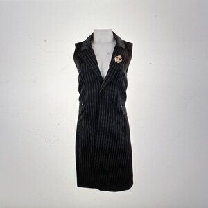 Long Black Vest with Pinstripes and Brooch